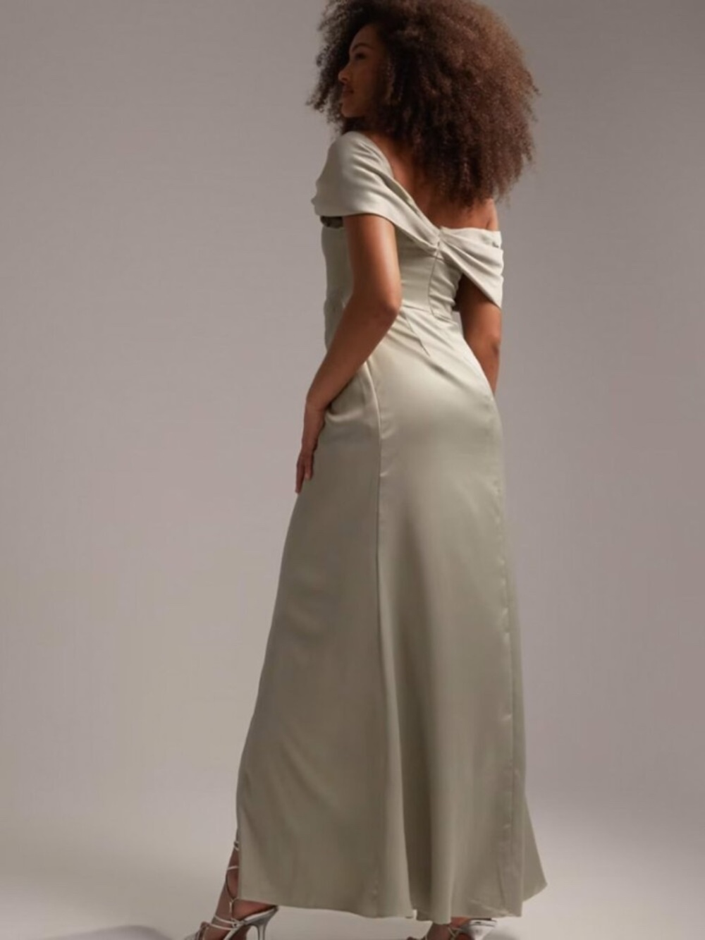 ASOS DESIGN Bridesmaid Satin Bardot Drape Wrap Maxi Dress, US 12 - Picture 2 of 4